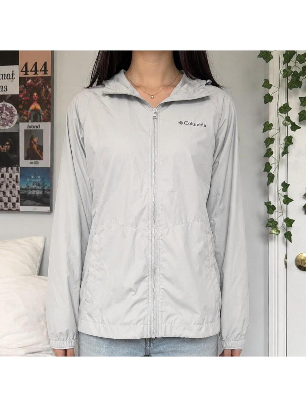 Columbia Light Gray Hooded Windbreaker Jacket Size XS